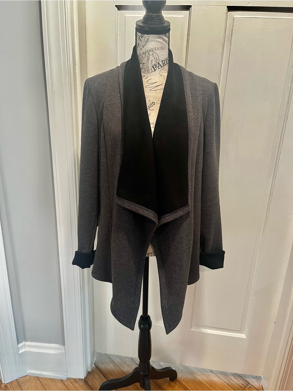 Chico’s Dark Gray Open-Front Draped Fleece with Black Trim